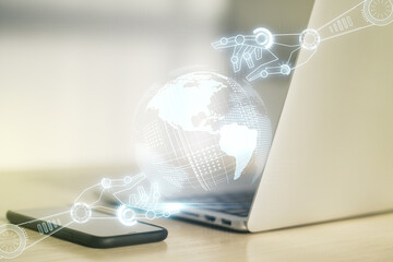 Aufkleber - Creative concept of robotics technology with globe sketch on modern laptop background. Robot development and automation concept. Multiexposure