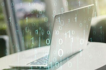 Poster - Creative abstract binary code hologram on modern computer background, AI and machine learning concept. Multiexposure