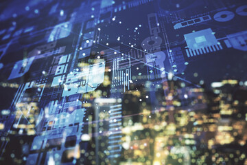 Poster - Multi exposure of abstract software development hologram on blurry cityscape background, research and analytics concept