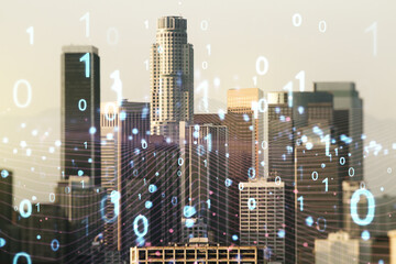 Poster - Abstract virtual binary code hologram on Los Angeles cityscape background, AI and machine learning concept. Multiexposure