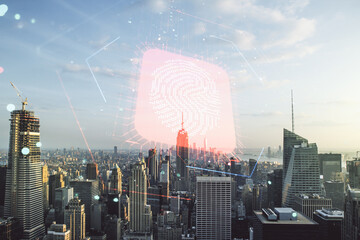 Poster - Multi exposure of virtual fingerprint scan interface on Manhattan office buildings background, digital access concept