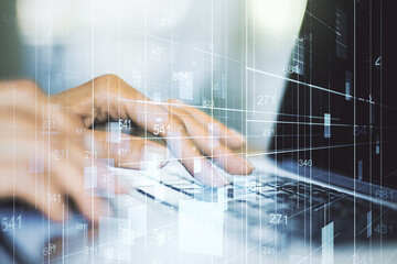 Poster - Multi exposure of creative statistics data hologram with hands typing on computer keyboard on background, stats and analytics concept