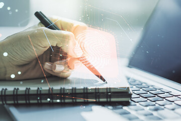 Aufkleber - Double exposure of abstract creative fingerprint hologram with hand writing in notebook on background with laptop, research and development concept
