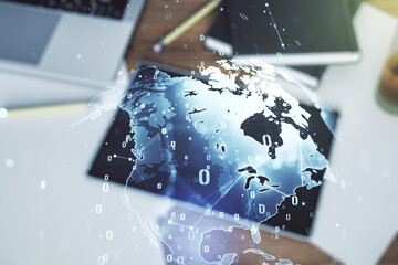 Poster - Double exposure of abstract programming language hologram with world map and digital tablet on background, top view, research and development concept