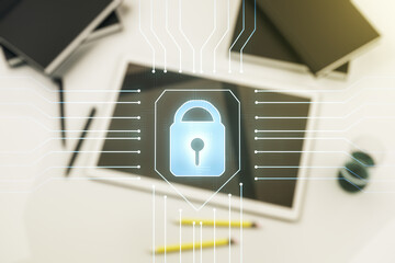 Poster - Double exposure of creative lock hologram with chip and digital tablet on background, top view. Information security concept