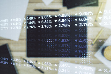 Poster - Multi exposure of stats data illustration and modern digital tablet on background, top view, computing and analytics concept