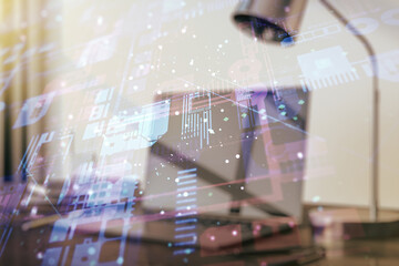 Poster - Multi exposure of abstract software development hologram on laptop background, research and analytics concept