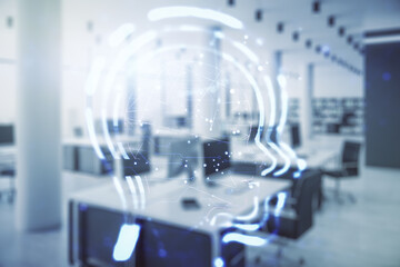 Aufkleber - Abstract virtual artificial Intelligence concept with human head sketch on a modern furnished classroom background. Double exposure