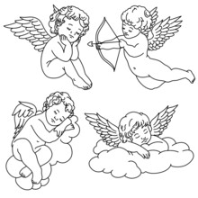 4 Cherub Outlines And Line Art For Valentines Day With Cupid Vector