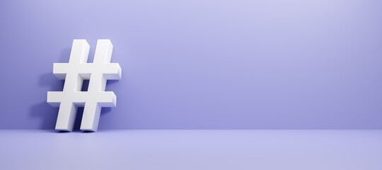Poster - # white hashtag symbol, hashtag symbol icon sign isolated on purple background, composition of the symbol hashtag #, 3d rendering illustration.