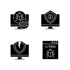 Sticker - Computer vulnerability exploitation black glyph icons set on white space. Hacker attacks. Device and network disruption. Cyber insurance. Silhouette symbols. Vector isolated illustration