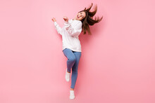 Photo Of Funny Adorable Young Lady Wear White Hoodie Smiling Dancing Isolated Pink Color Background