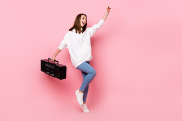 Wall Mural - Full length photo of funky young brunette lady with boom box dance wear white hoodie jeans isolated on pink color background