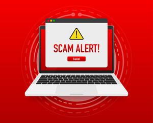 Scam alert red message on browser window. Scam sign label isolated on screen computer. Vector illustration.