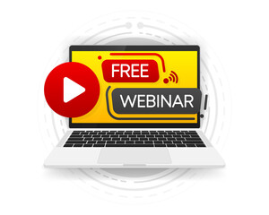 Poster - Free Webinar Banner on screen computer. Video Internet conference concept. Live stream, internet education. Vector illustration.