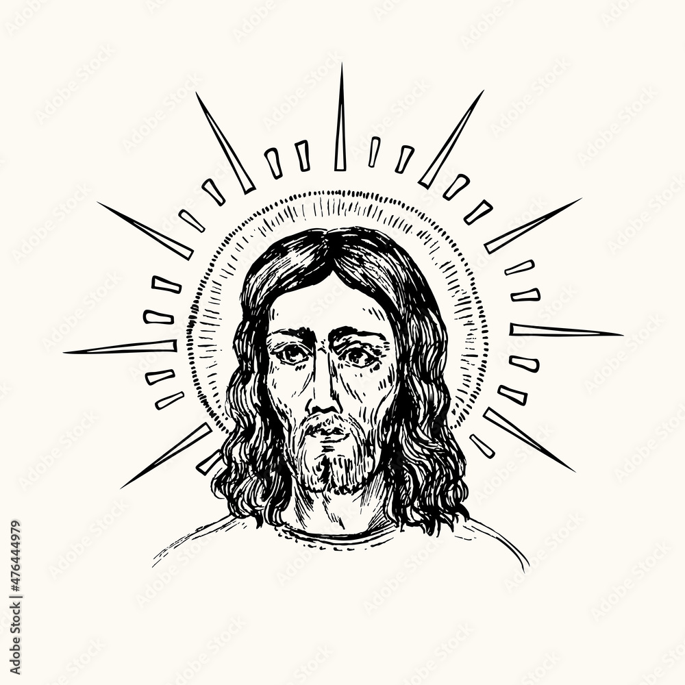 Jesus Ink Drawing Jesus Christ Icon with nimb. Ink black and white doodle drawing in ...