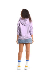 Wall Mural - Beautiful young African-American woman in stylish hoodie on white background, back view