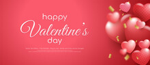 Realistic Happy Valentine's Day Banner With Sweet Hearts On Pink Background