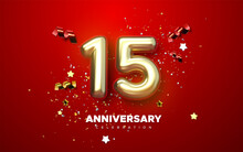 15th Anniversary Celebration Golden Numbers With Sparkling Confetti On Red Background