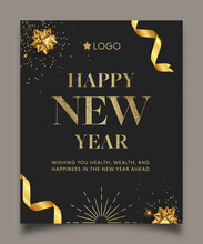 Happy New Year 2022 Poster Flyer Wish Invitation Card Or Web Banner Template With Gold Text Sun Ribbon And Bow