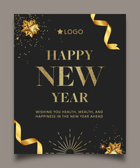 Wall Mural - Happy New Year 2022 poster flyer wish invitation card or web banner template with gold text sun ribbon and bow