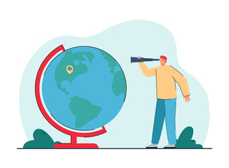 Aufkleber - Customer using GPS navigation app with world map. Tiny man looking through telescope at point on globe flat vector illustration. Travel direction concept for banner, website design or landing web page
