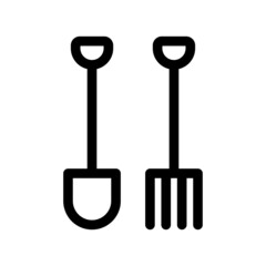 Wall Mural - Shovel and pitchfork icon. Black contour linear silhouette. Front vertical view. Vector simple flat graphic illustration. The isolated object on a white background. Isolate.