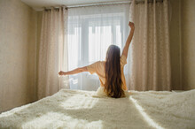 Girl Woke Up In Her Bed On A Sunny Morning. Lack Of Sleep Concept. Horizontal Composition. Bad