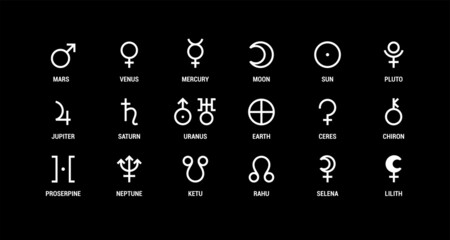 Wall Mural - planet symbol. vector white sign on black. mars, venus, mercury and moon. sun, pluto, jupiter and sa