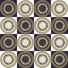 Vector Retro Classic Golden Flower Circle Shape On Black-white Square Grid Seamless Pattern Background. Use For Fabric, Textile, Interior Decoration Elements, Upholstery.