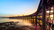 Panoramic view of the ore loading dock of the Rio Tinto mining company in Huelva, Andalusia, Spain. Sunset at the Muelle del Tinto