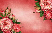 Rose Flowers And Buds In A Corner Floral Arrangements On Red Grunge Background