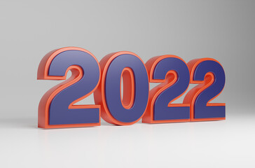 2022 written in 3d on white background of Happy New Year celebration, Numbers 2022. Happy New Year 2022. 3D Rendering Golden 2022