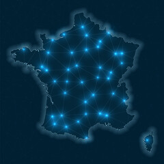 Poster - France network map. Abstract geometric map of the country. Digital connections and telecommunication design. Glowing internet network. Powerful vector illustration.