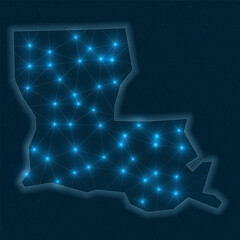 Poster - Louisiana network map. Abstract geometric map of the US state. Digital connections and telecommunication design. Glowing internet network. Superb vector illustration.