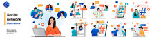 Social Network Isolated Set. Users Browsing, Post Photos, Comment, Chatting. People Collection Of Scenes In Flat Design. Vector Illustration For Blogging, Website, Mobile App, Promotional Materials.
