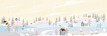 Winter Landscape, Celebrating Christmas And New Year In Village At Night With Happy Polar Bear Playing Playing Ice Skates In The Park ,Vector Of Horizontal Banner Winter Wonderland In Countryside