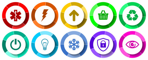 Aufkleber - Set of web and internet vector icons, flat design illustration, colorful buttons isolated on white background
