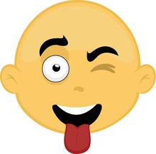 Vector Illustration Of The Face Of A Bald, Yellow Cartoon Character Winking And With His Tongue Out