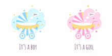 Set Of Invitation Cards For A Baby Shower For A Boy And For A Girl. Vector Illustration.