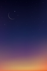 Night Sky with Crescent Moon and Stars,Landscape Dramatic Dark Blue, Purple and Orange,Dusk Sky and Twilight,Natural Vertical background,Concept symbol of religion islamic,Eid Mubarak, Ramadan Kareem