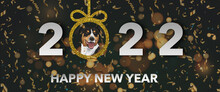 Happy New Year 2022 With A Dog, Black And Gold Background.