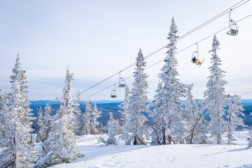 winter landscape in sheregesh ski resort in russia, located in mountain shoriya, siberia. snow-cover