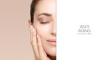 Fototapeta  - Facelift and Anti Aging Concept. Beauty Face Spa Woman with Lifting Arrows on Face.