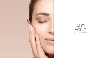 facelift and anti aging concept. beauty face spa woman with lifting arrows on face.