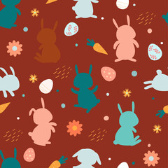 Wall Mural - Seamless pattern of Easter bunnies and eggs. Cheerful festive spring children's print with flowers, funny animals, flowers. Vector graphics.