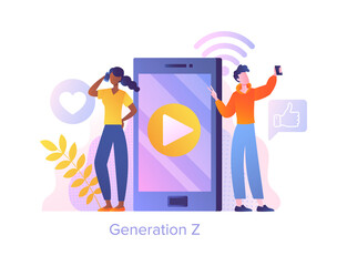 Poster - generation z concept. modern characters. technologies and devices. man and girl standing near smartp