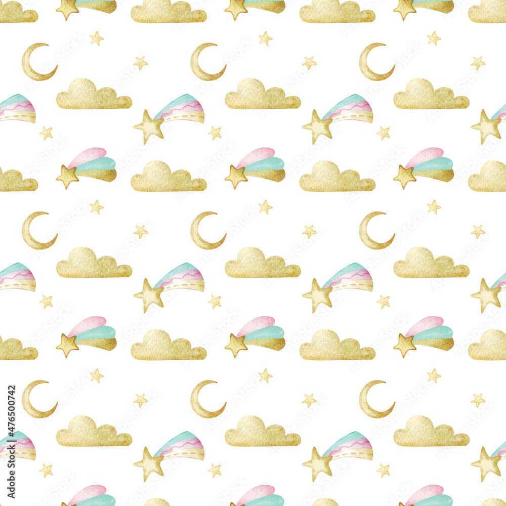 Seamless watercolor pattern with moon, shooting star, clouds and stars ...