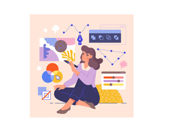 Poster - girl designer concept. woman creates pictures for websites and applications. work as illustrator, fr
