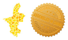Golden Collage Of Yellow Elements For Ningxia Hui Region Map, And Golden Metallic Assembled In China Seal. Ningxia Hui Region Map Collage Is Designed With Randomized Gold Items.